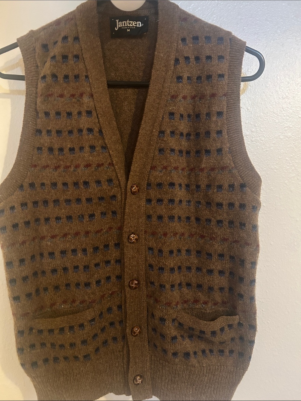 Jantzen Brown Wool-Blend Button Vest with Blue and Red Accents